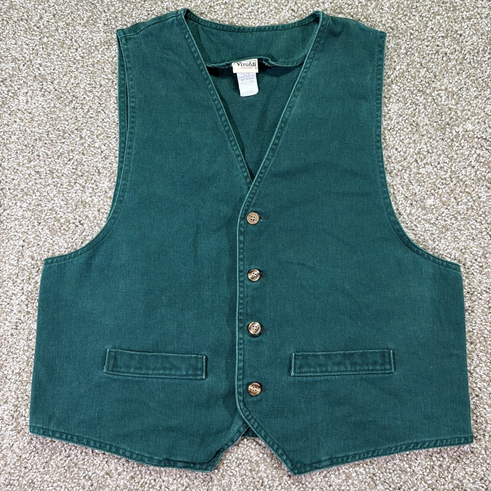 Vintage Men's Forest Green Denim Vest Size Large 80s USA Made Classic